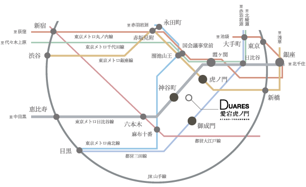 Surrounding environment. Toranomon captured in the living area of ​​the major cities, such as Ginza and Roppongi. To suit your lifestyle, Three routes, Three of the stations are available. Tokyo will be more familiar.