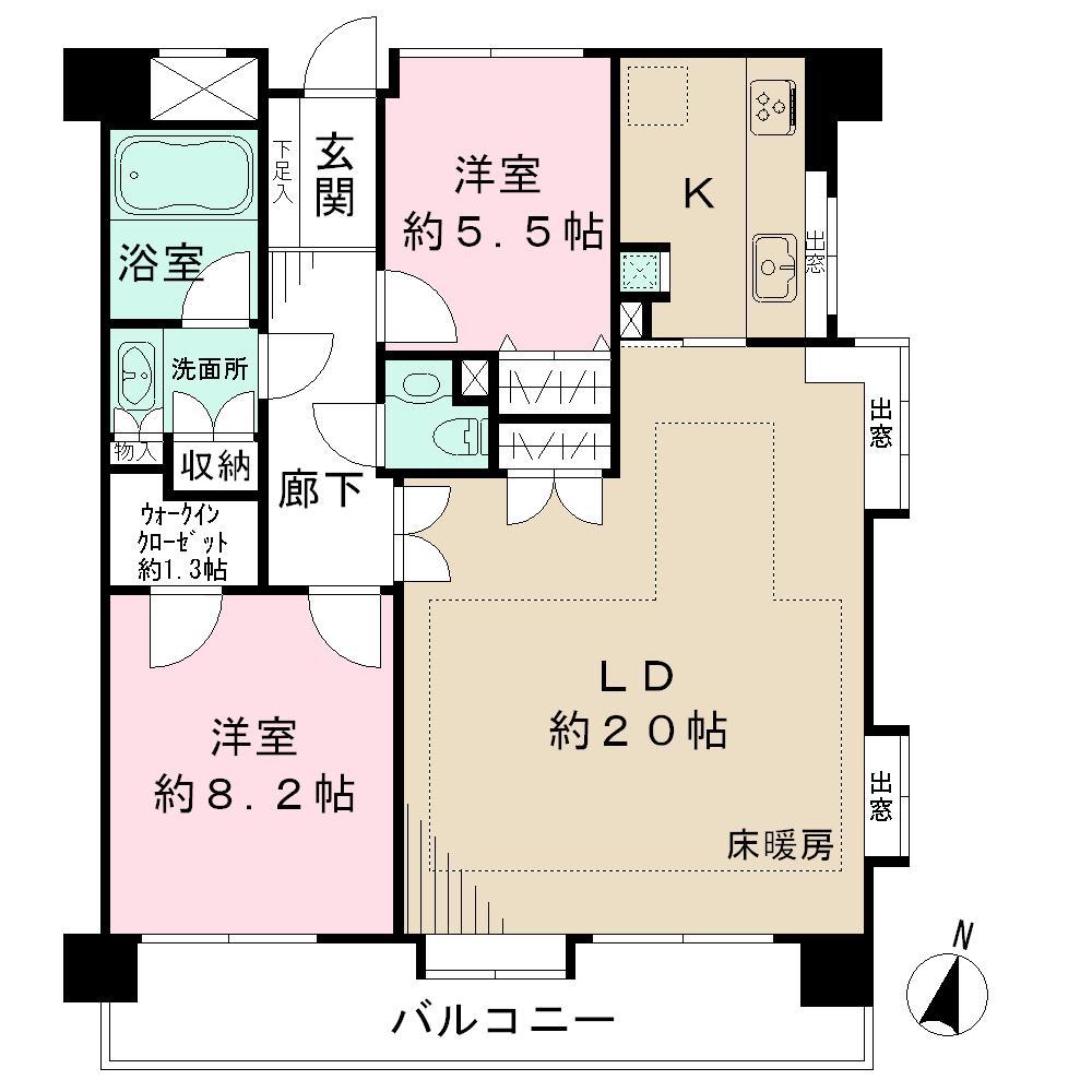 Floor plan. 2LDK, Price 89,400,000 yen, Occupied area 84.74 sq m , Balcony area 13.2 sq m