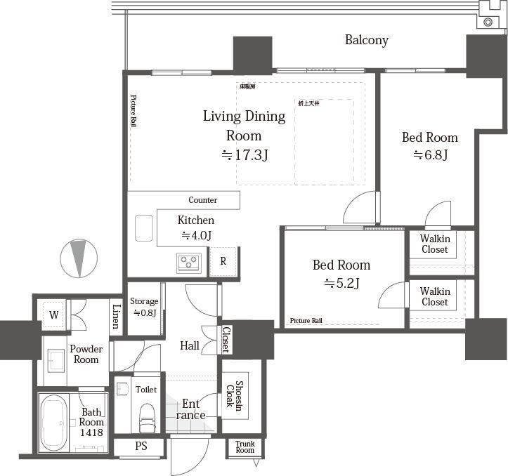 Floor plan. 2LDK, Price 61,800,000 yen, Occupied area 80.08 sq m , Balcony area 15.91 sq m