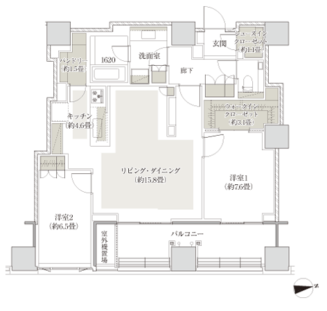 85-b type 2LDK + WIC + SIC + P occupied area: 87.90 sq m balcony area: 13.52 sq m outdoor unit yard area: 1.78 sq m