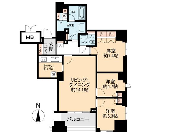 Floor plan. 3LDK, Price 89 million yen, Occupied area 85.16 sq m , Balcony area 7.63 sq m