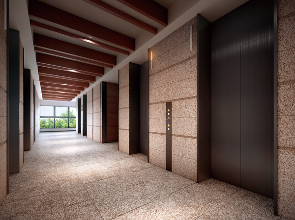 Shared facilities.  [elevator hall] Bring a sense of openness to feel the natural light and Mori, Elevator hall that massive natural stone of the floor leads to a private residence. (Rendering)