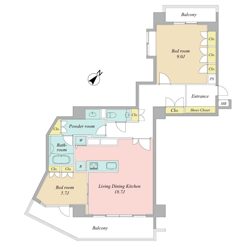 Floor plan. 2LDK, Price 85,800,000 yen, Occupied area 91.41 sq m , Balcony area 19.84 sq m