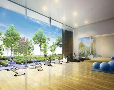 Shared facilities.  [Fitness studio] Fitness studio sweat while Medellin, the green through the window. (Rendering)