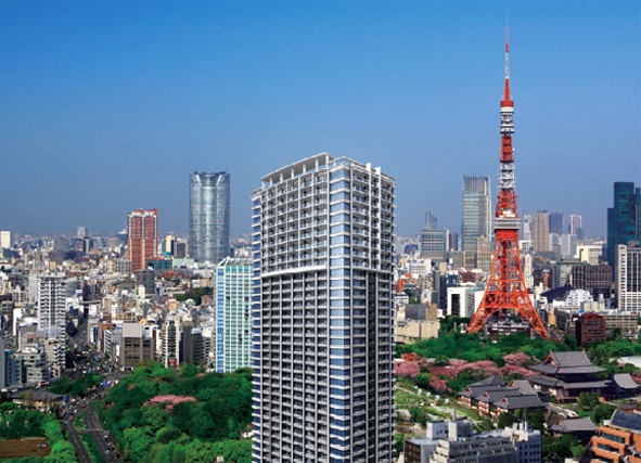 Features of the building.  [Overlooking the Tokyo Tower] Luxury location to be able to live familiar symbolic and Yuen Naru downtown green Tokyo. (The view from the Exterior - Rendering and local rooftop (April 2007 shooting) synthesis, Which was subjected to a CG processing, In fact a slightly different)