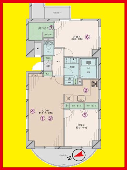 Floor plan. 2LDK, Price 58,800,000 yen, Occupied area 73.12 sq m , Balcony area 9.41 sq m