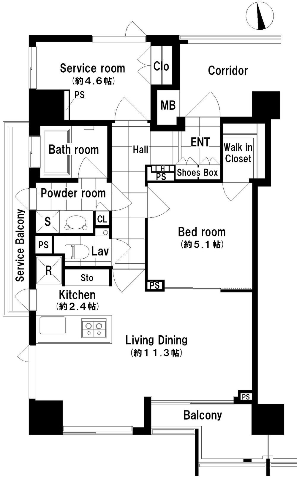 Floor plan. 1LDK + S (storeroom), Price 59,800,000 yen, Occupied area 57.39 sq m , Balcony area 4.02 sq m