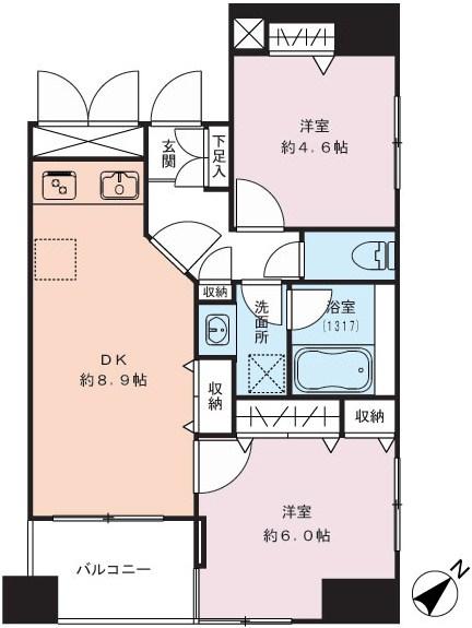 Floor plan. 2DK, Price 41,800,000 yen, Occupied area 47.28 sq m , Balcony area 4.59 sq m