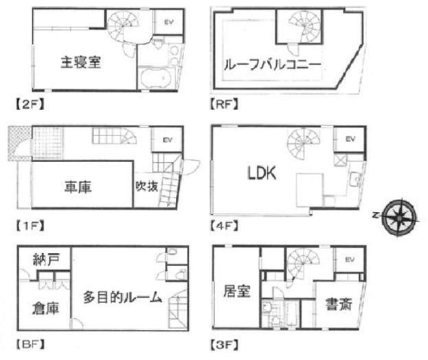 Floor plan. 172 million yen, 4LDK + S (storeroom), Land area 58.95 sq m , Building area 176.23 sq m underground first floor with, The ground four stories, Large roof balcony is also attractive.