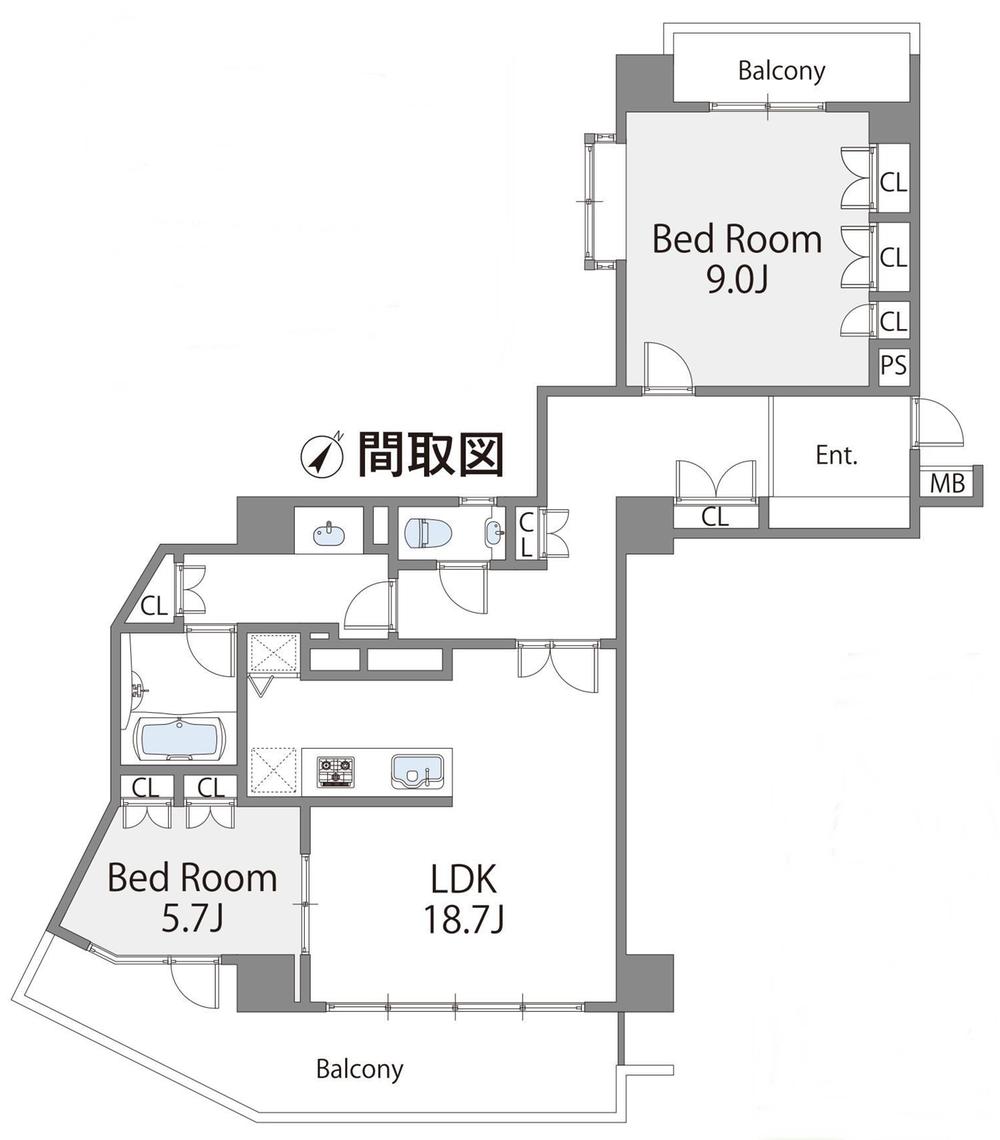 Floor plan. 2LDK, Price 85,800,000 yen, Occupied area 91.41 sq m , Balcony area 19.84 sq m