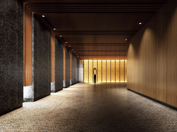 Features of the building.  [Gate of the barrier] (Rendering CG) Upon entering the building, Air will be transformed. The open field of the tea house, As with the Let's Make a restless spirit by enclosing, Entrance hall, And the side that has been configured with colonnades and louver, Surrounded by a wall of glass sandwiching a Japanese paper nestled in front, We produce so that the introductory chapter of the space that connects the outer and the inner ambiguous.  ※ Rendering CG picture is slightly different from the actual and