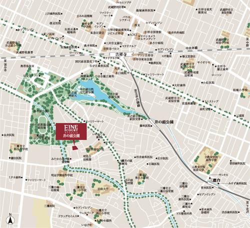 Local guide map. Commute ・ Good access of school is, It gathered a variety of large-scale commercial facilities, Familiar also large park that want to go out, etc., The property is equipped with suitable living environment to live (local guide map wide area)