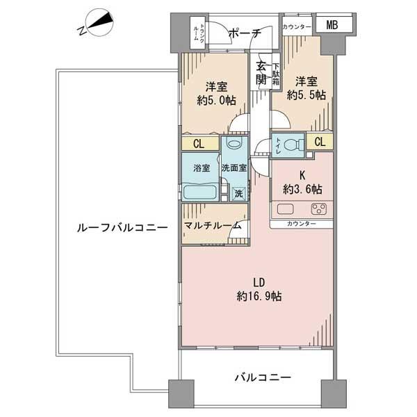 Floor plan. 2LDK, Price 38,500,000 yen, Occupied area 68.25 sq m , Balcony area 12.4 sq m