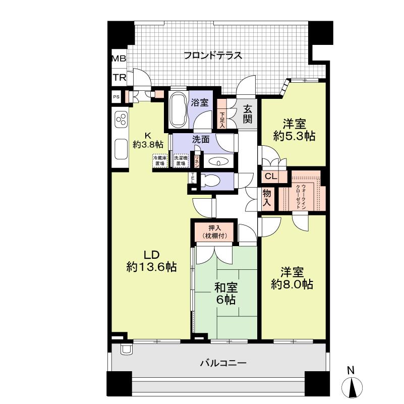 Floor plan. 3LDK, Price 46,800,000 yen, Occupied area 82.95 sq m , Balcony area 16.8 sq m