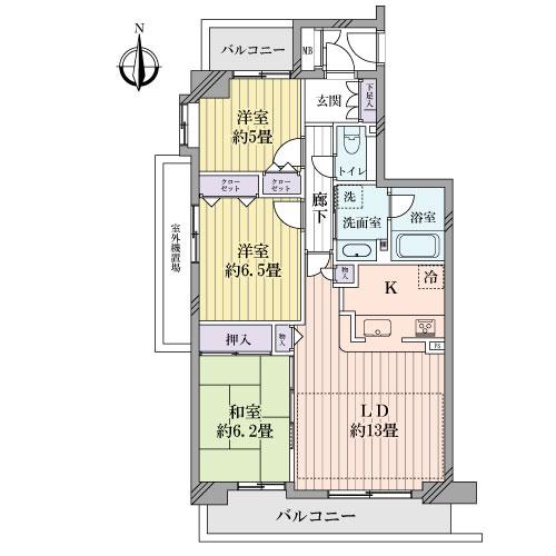 Floor plan. 3LDK, Price 34,800,000 yen, Footprint 76.2 sq m , Balcony area 13.36 sq m