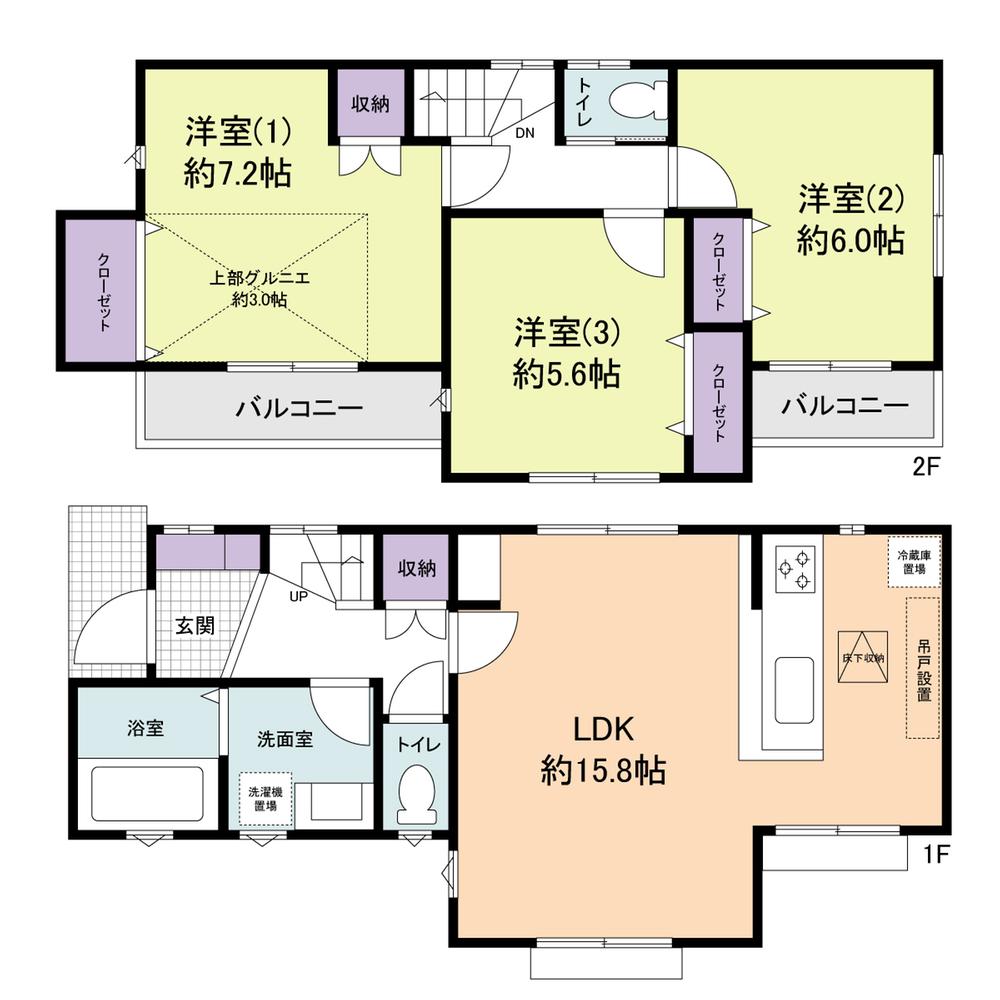 Floor plan. 58,500,000 yen, 3LDK, Land area 100.95 sq m , Building area 80.64 sq m all rooms 5 Pledge or more and there is a closet.