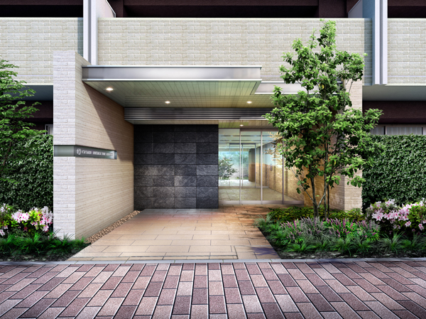 Features of the building.  [Entrance Rendering] Entrance to invite to gently unwind from Musashisakai Street. This space overlaying the day-to-day rhythm, It is the place that follows the scenery of the four seasons, which spread to the sense of quality and a courtyard with a mansion.