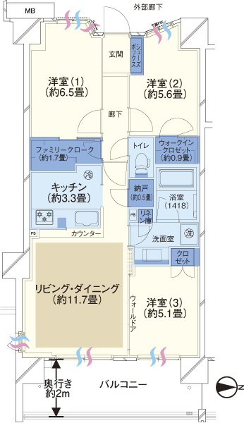 B1 type ・ 3LDK + walk-in closet price / 42,980,000 yen Occupied area / 71.64 sq m  Balcony area / 12.70 sq m