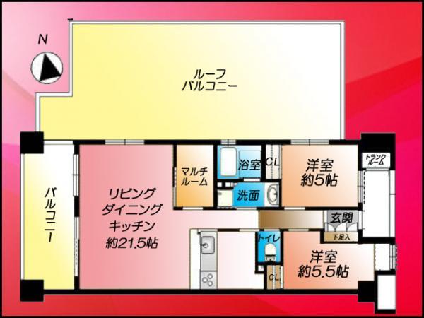Floor plan. 2LDK, Price 38,500,000 yen, Occupied area 68.25 sq m , Balcony area 12.4 sq m