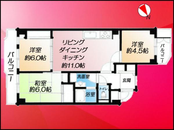 Floor plan. 3LDK, Price 26,800,000 yen, Footprint 64.8 sq m , Balcony area 10.83 sq m