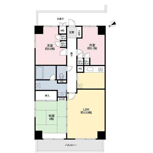 Floor plan. 3LDK, Price 28,200,000 yen, Occupied area 69.36 sq m , Balcony area 7.89 sq m