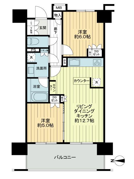 Floor plan. 2LDK, Price 42,800,000 yen, Occupied area 55.37 sq m , Balcony area 11.5 sq m