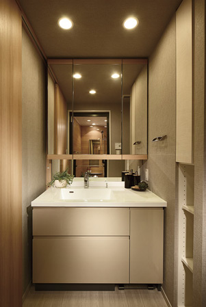 Bathing-wash room.  [Powder Room] By installing the pipe and the S-shaped hook to Kagamiura storage, The dryer while pointing to an electrical outlet can now be accommodated in the smooth.