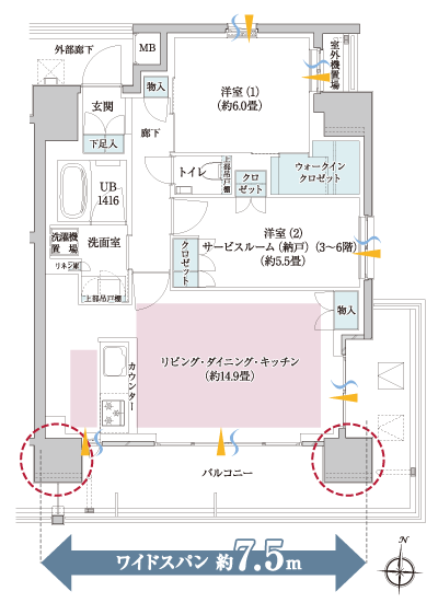 Room and equipment. L-shaped balcony is proud of the southeast corner dwelling unit plan. (C type Menu5 / 2LDK(7 ~ 12F), 1LDK+S(3 ~ 6F) / Occupied area 64.43 sq m  Balcony area 19.81 sq m)