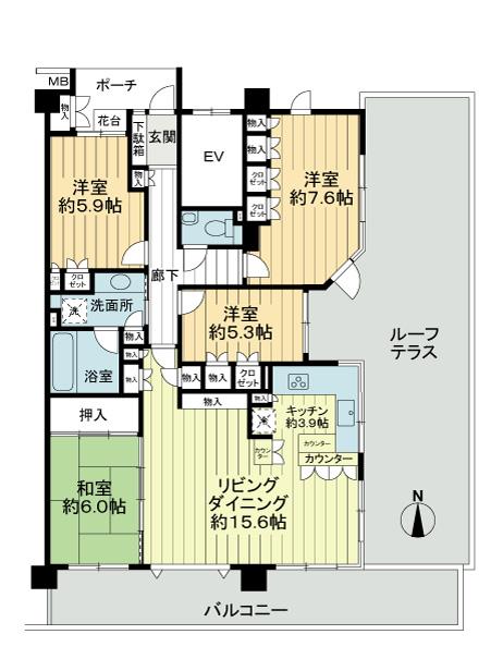 Floor plan. 4LDK, Price 49,900,000 yen, Occupied area 97.54 sq m , Balcony area 18.48 sq m