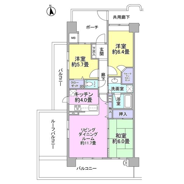 Floor plan. 3LDK, Price 42,800,000 yen, Occupied area 74.92 sq m , Balcony area 28.7 sq m