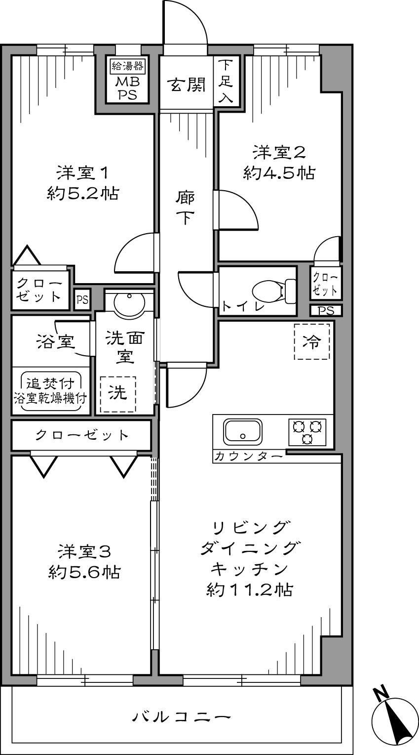 Floor plan. 3LDK, Price 32,800,000 yen, Occupied area 58.57 sq m , Balcony area 6.6 sq m