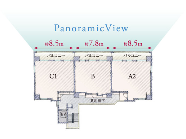 Buildings and facilities. About 7.8m ・ Sense of openness that spread by the window of the whole mansion that wide span of 8.5m can be realized. (Floor conceptual diagram ※ View varies depending on the dwelling unit, It is not intended to be guaranteed over the future)