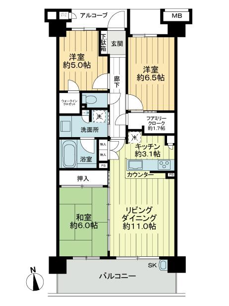 Floor plan. 3LDK, Price 43,800,000 yen, Occupied area 73.98 sq m , Balcony area 12.4 sq m