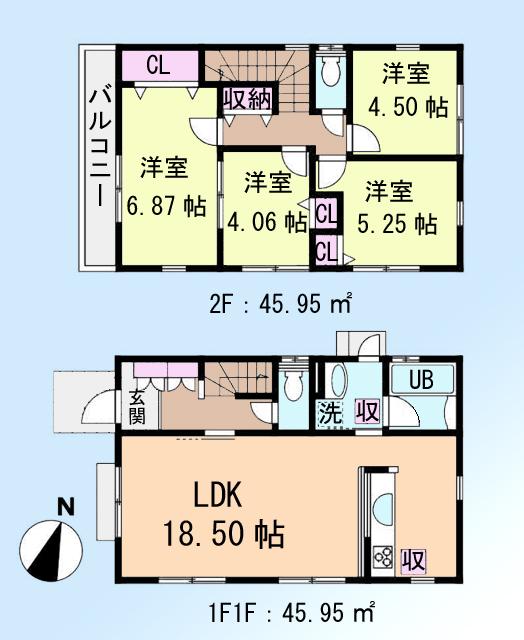 Floor plan. (Building 2), Price 44,800,000 yen, 4LDK, Land area 115.99 sq m , Building area 91.9 sq m