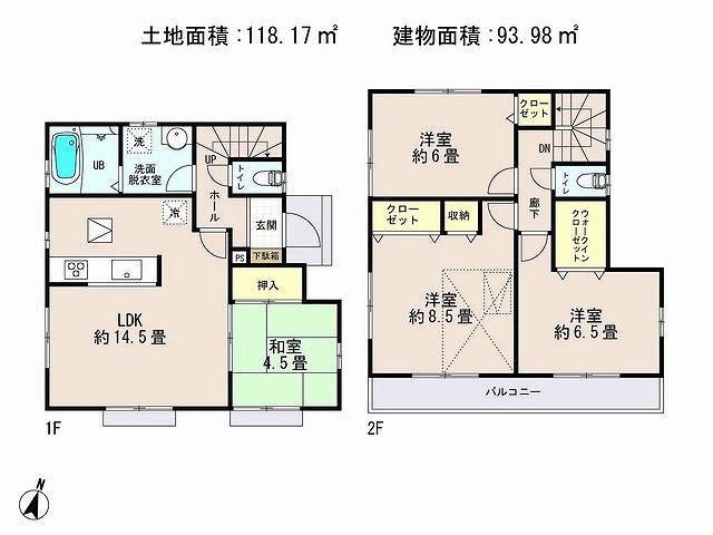 Floor plan. (1 Building), Price 53,800,000 yen, 4LDK, Land area 118.17 sq m , Building area 93.98 sq m