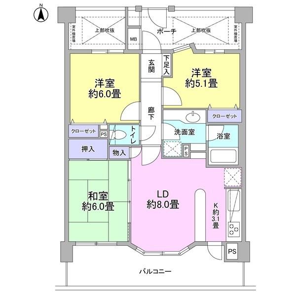 Floor plan. 3LDK, Price 38,800,000 yen, Occupied area 64.14 sq m , Balcony area 12.89 sq m 3LDK type.