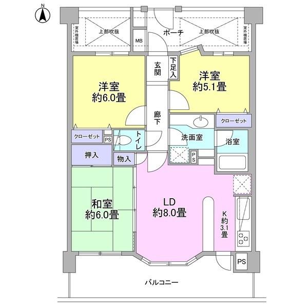 Floor plan. 3LDK, Price 38,800,000 yen, Occupied area 64.14 sq m , Balcony area 12.89 sq m 3LDK type.