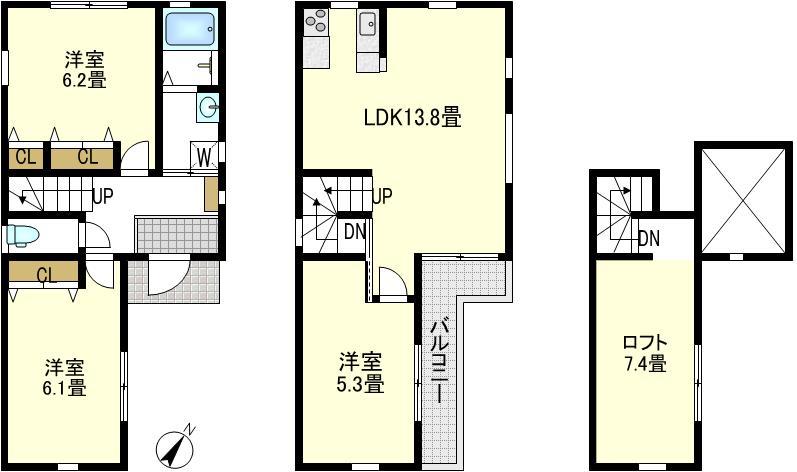 Floor plan. 28.8 million yen, 3LDK, Land area 76.03 sq m , Building area 70.2 sq m 1 floor: 35.10 sq m Second floor: 35.10 sq m Loft: 70.20 sq m (including stairs)