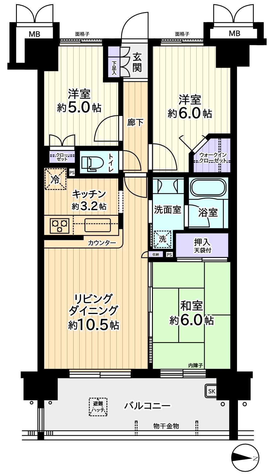 Floor plan. 3LDK, Price 18.5 million yen, Occupied area 65.19 sq m , Balcony area 12.3 sq m