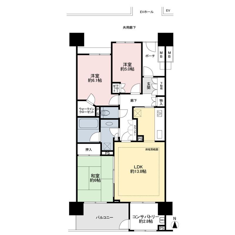Floor plan. 3LDK, Price 53,990,000 yen, Occupied area 76.87 sq m , Balcony area 7.6 sq m