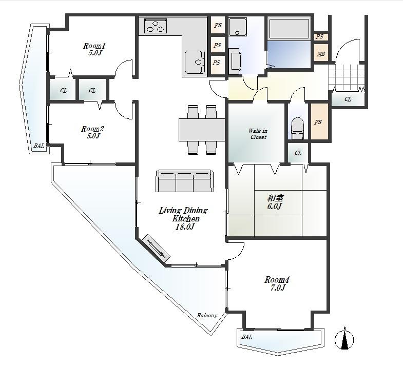 Floor plan. 4LDK, Price 42,800,000 yen, Occupied area 90.56 sq m , Balcony area 9.6 sq m 4LDK + WCL