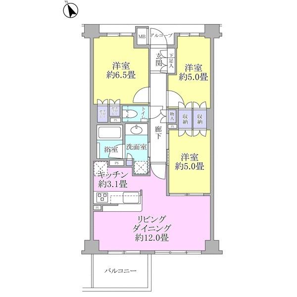 Floor plan. 3LDK, Price 52,800,000 yen, Occupied area 70.24 sq m , Balcony area 6 sq m