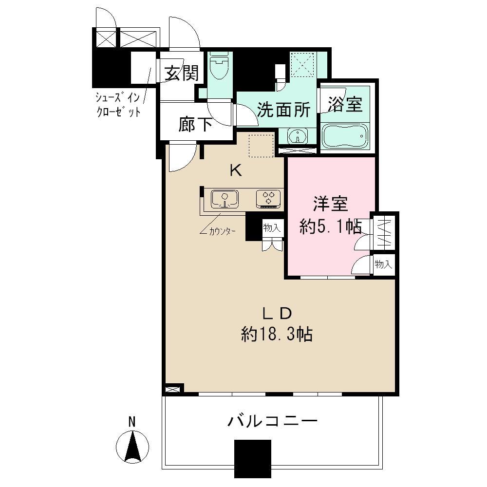 Floor plan. 1LDK, Price 56,800,000 yen, Occupied area 62.68 sq m , Balcony area 12.39 sq m
