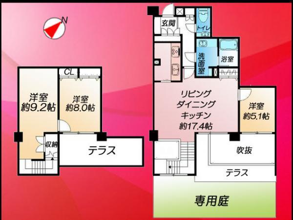 Floor plan. 3LDK, Price 48,900,000 yen, Occupied area 88.82 sq m , Balcony area 17.13 sq m