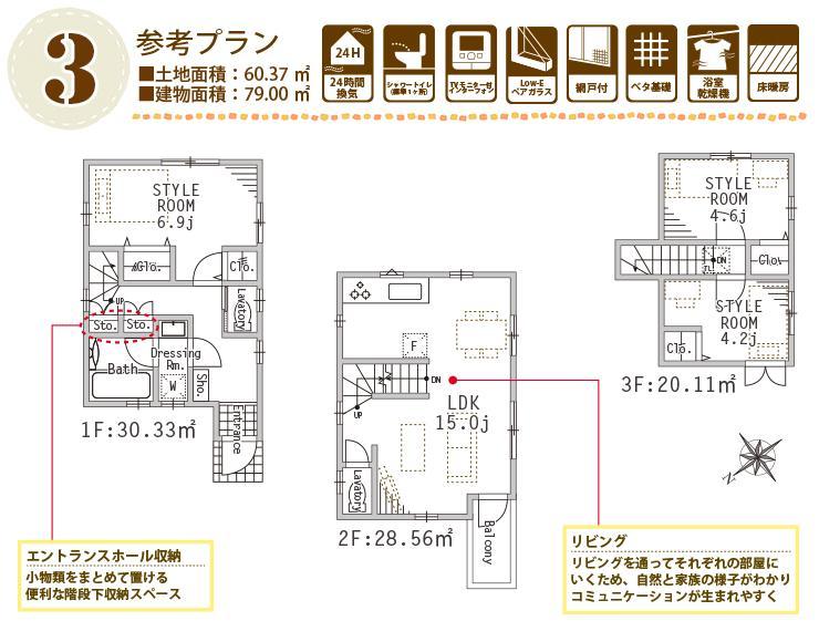 Floor plan. 51,800,000 yen, 3LDK, Land area 60.37 sq m , Building area 79 sq m 3 Building