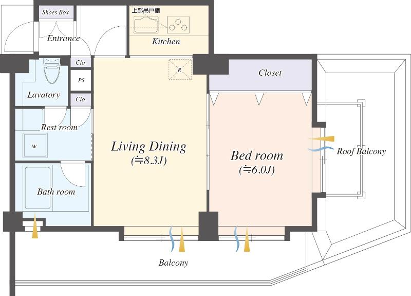 Floor plan. 1LDK, Price 33,800,000 yen, Occupied area 41.98 sq m , Balcony area 9.61 sq m