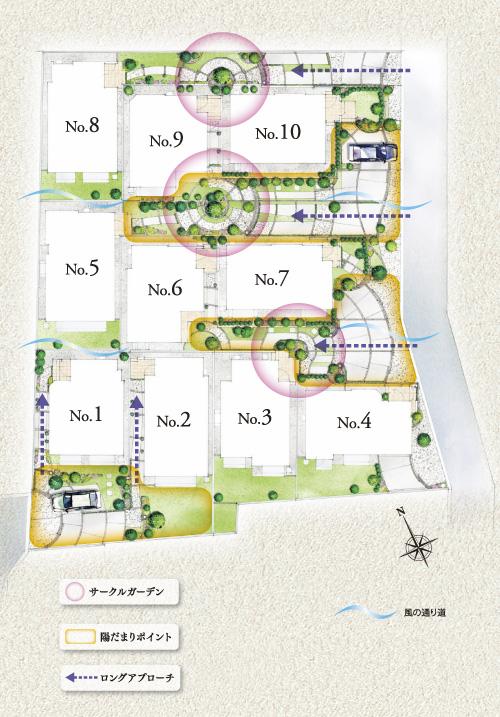 The entire compartment Figure. Design the "Circle Garden" the circle that surrounds the adjacent building flower beds spread like ripples. The spacious space and effective use of the site, etc. 3 units of car spaces, Design people gather "petting zone" (site plan illustration)