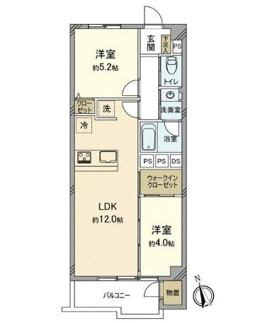Floor plan. 2LDK, Price 25,800,000 yen, Occupied area 48.77 sq m , Balcony area 5.1 sq m