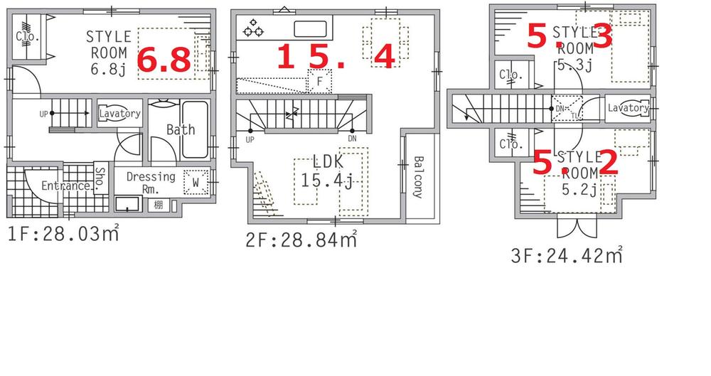 Floor plan. (1 Building), Price 52,800,000 yen, 3LDK, Land area 50.99 sq m , Building area 81.29 sq m