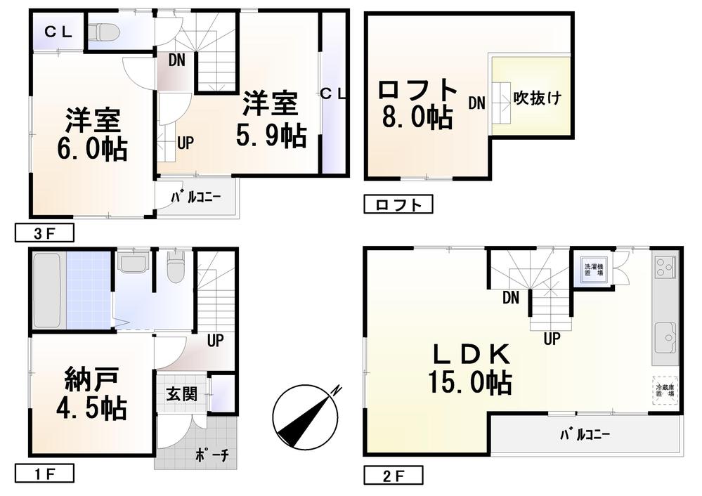 Floor plan. 42,800,000 yen, 3LDK, Land area 46.07 sq m , Building area 86.7 sq m